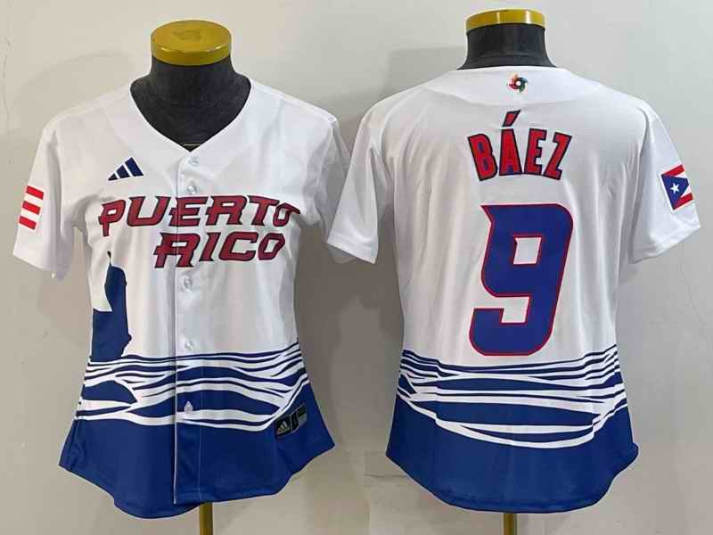 Women's Puerto Rico Baseball #9 Javier B'ez 2023 White World Baseball Classic Stitched Jersey(Run Small)