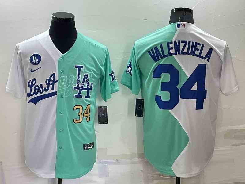 Men's Los Angeles Dodgers #34 Fernando Valenzuela 2022 All-Star White/Green Cool Base Stitched Baseball Jersey