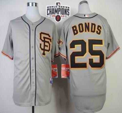 Giants #25 Barry Bonds Grey Road 2 Cool Base W/2014 World Series Champions Patch Stitched MLB Jersey