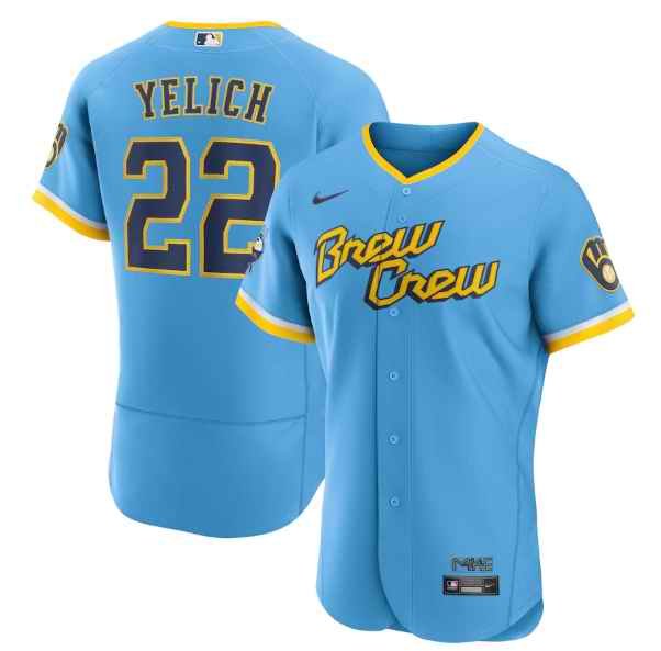 Men's Milwaukee Brewers #22 Christian Yelich Powder Blue 2022 City Connect Flex Base Stitched MLB Jersey