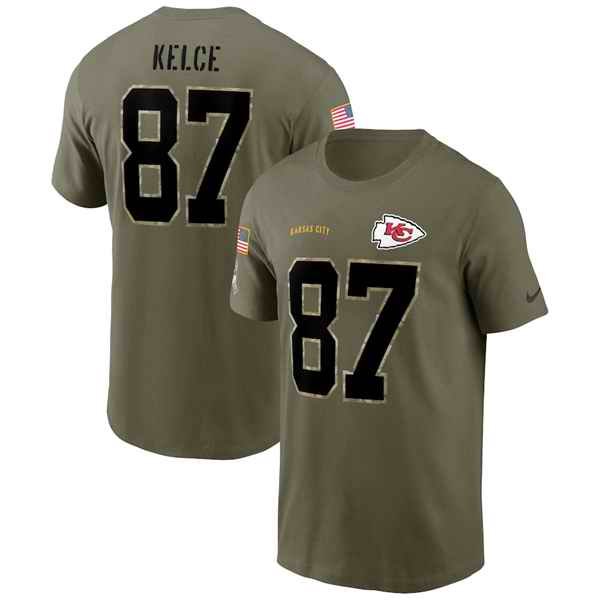 Men's Kansas City Chiefs #87 Travis Kelce 2022 Olive Salute to Service T-Shirt