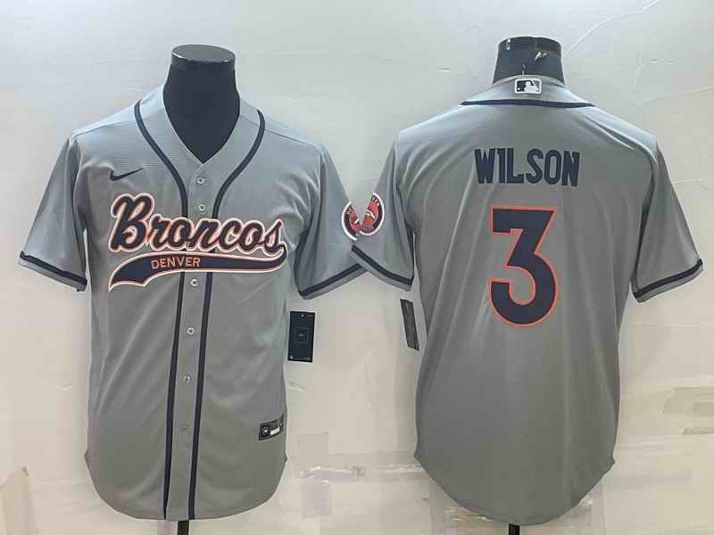 Men's Denver Broncos #3 Russell Wilson Grey With Patch Cool Base Stitched Baseball Jersey