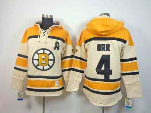 Bruins #4 Bobby Orr Cream Sawyer Hooded Sweatshirt Stitched NHL Jersey