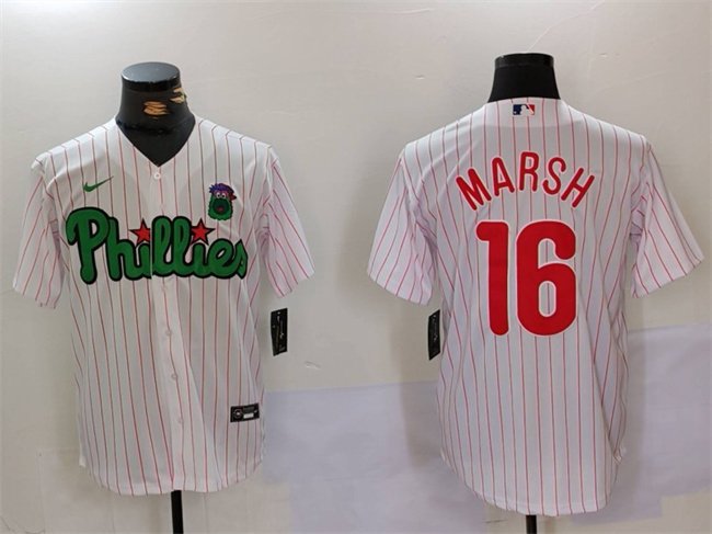 Men's Philadelphia Phillies #16 Brandon Marsh White/Green Cool Base Stitched Jersey