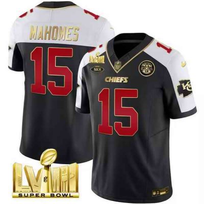 Men's Kansas City Chiefs #15 Patrick Mahomes Black/White 2024 F.U.S.E. Super Bowl LVIII Patch With NKH Patch Vapor Untouchable Limited Stitched Football Jersey