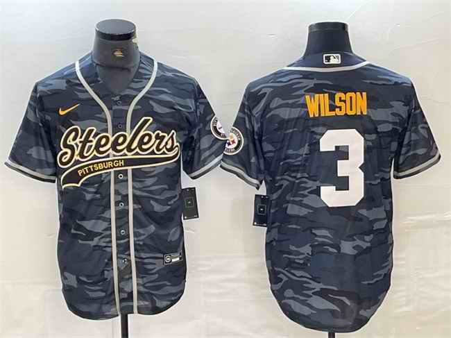 Men's Pittsburgh Steelers #3 Russell Wilson Grey Camo With Patch Cool Base Stitched Baseball Jersey