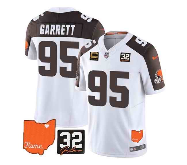 Men's Cleveland Browns #95 Myles Garrett White/Brown 2023 F.U.S.E. With Jim Brown Memorial Patch And 4-Star C Patch Vapor Untouchable Limited Stitched Jersey