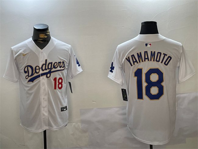 Men's Los Angeles Dodgers #18 Yoshinobu Yamamoto White/Gold Home Limited Stitched Baseball Jersey