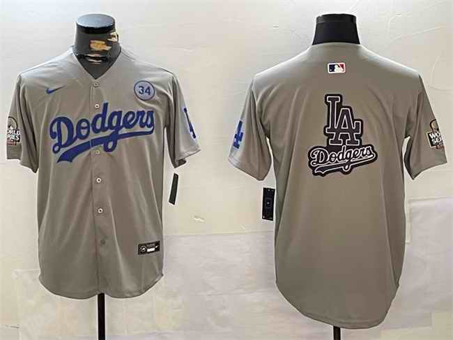 Men's Los Angeles Dodgers Team Big Logo Grey 2024 World Series With No. 34 Patch Limited Stitched Baseball Jersey