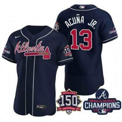 Men's Atlanta Braves #13 Ronald Acuna Jr. 2021 Navy World Series Champions With 150th Anniversary Flex Base Stitched Jersey