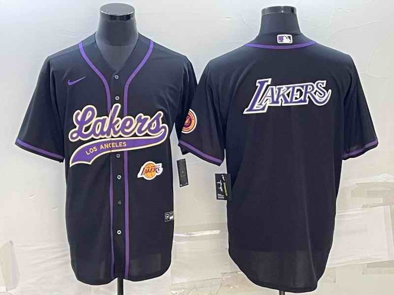 Men's Los Angeles Lakers Black Big Logo With Patch Cool Base Stitched Baseball Jersey