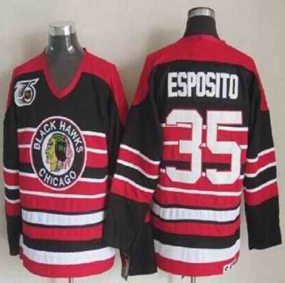 Blackhawks #35 Tony Esposito Red/Black 75TH CCM Stitched NHL Jersey