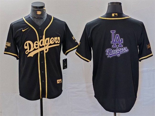 Men's Los Angeles Dodgers Team Big Logo Black Gold World Series Champions Cool Base Stitched Baseball Jersey