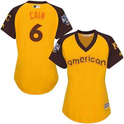 Royals #6 Lorenzo Cain Gold 2016 All-Star American League Women's Stitched MLB Jersey