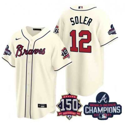 Men's Atlanta Braves #12 Jorge Soler 2021 Cream World Series Champions With 150th Anniversary Patch Cool Base Stitched Jersey