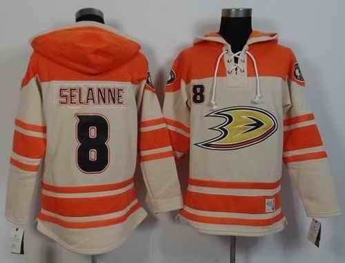 Ducks #8 Teemu Selanne Cream/Orange Sawyer Hooded Sweatshirt Stitched NHL Jersey