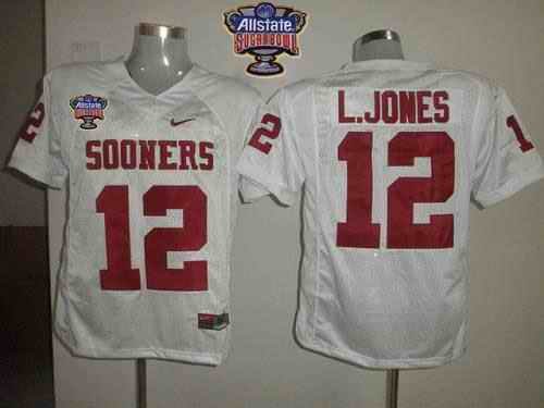 Sooners #12 Landy Jones White 2014 Sugar Bowl Patch Stitched NCAA Jersey