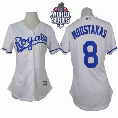 Royals #8 Mike Moustakas White Home W/2015 World Series Patch Women's Stitched MLB Jersey