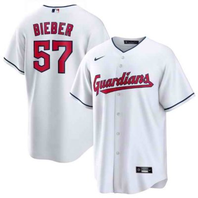 Men's Cleveland Guardians #57 Shane Bieber White Cool Base Stitched Baseball Jersey