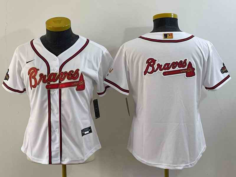 Women's Atlanta Braves Team Big Logo 2022 White Gold World Series Champions Program Stitched Jersey(Run Small)