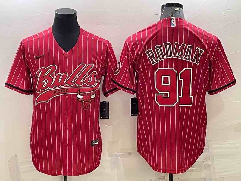 Men's Chicago Bulls #91 Dennis Rodman Red With Patch Cool Base Stitched Baseball Jersey