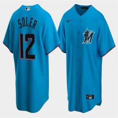 Men's Miami Marlins #12 Jorge Soler Blue Cool Base Stitched Jersey