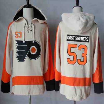 Flyers #53 Shayne Gostisbehere Cream Sawyer Hooded Sweatshirt Stitched NHL Jersey