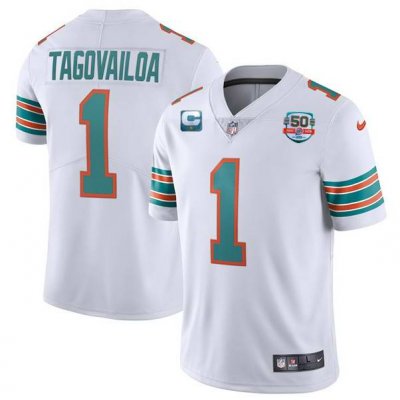 Men's Miami Dolphins Customized White With  1-star C Patch 50th Perfect Season Patch Stitched Jersey