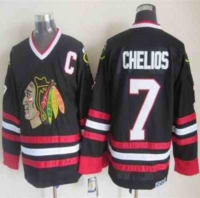 Blackhawks #7 Chris Chelios Black CCM Throwback Stitched NHL Jersey