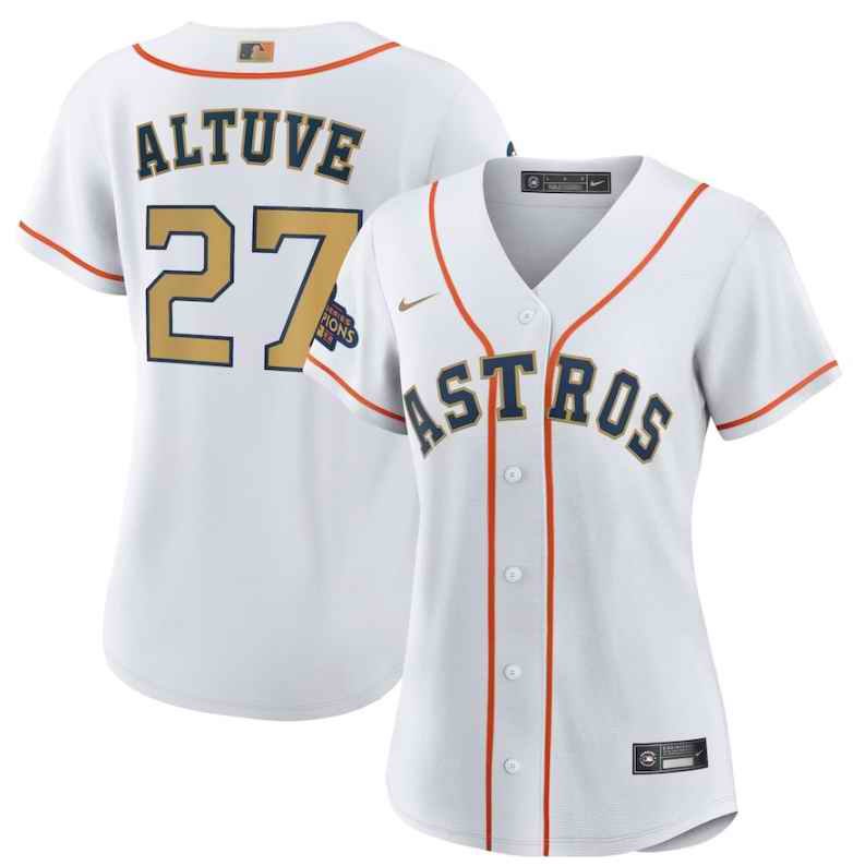 Women's Houston Astros #27 Jose Altuve White 2023 Gold Collection With World Serise Champions Patch Stitched Jersey(Run Small)