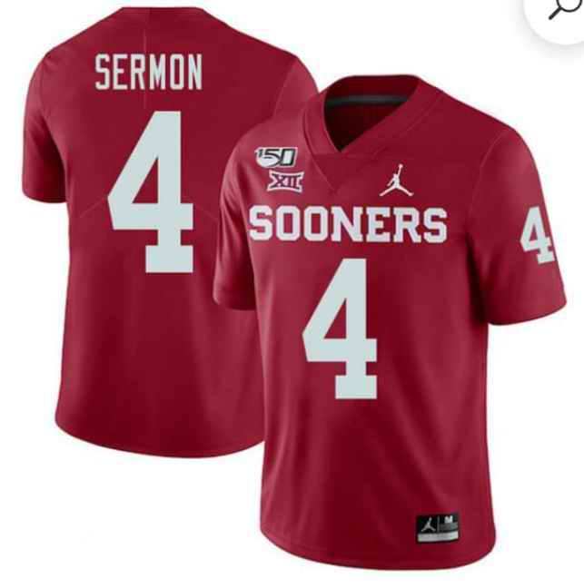 Men's Oklahoma Sooners #4 Trey Sermon Red 150th Season Stitched NCAA Jersey