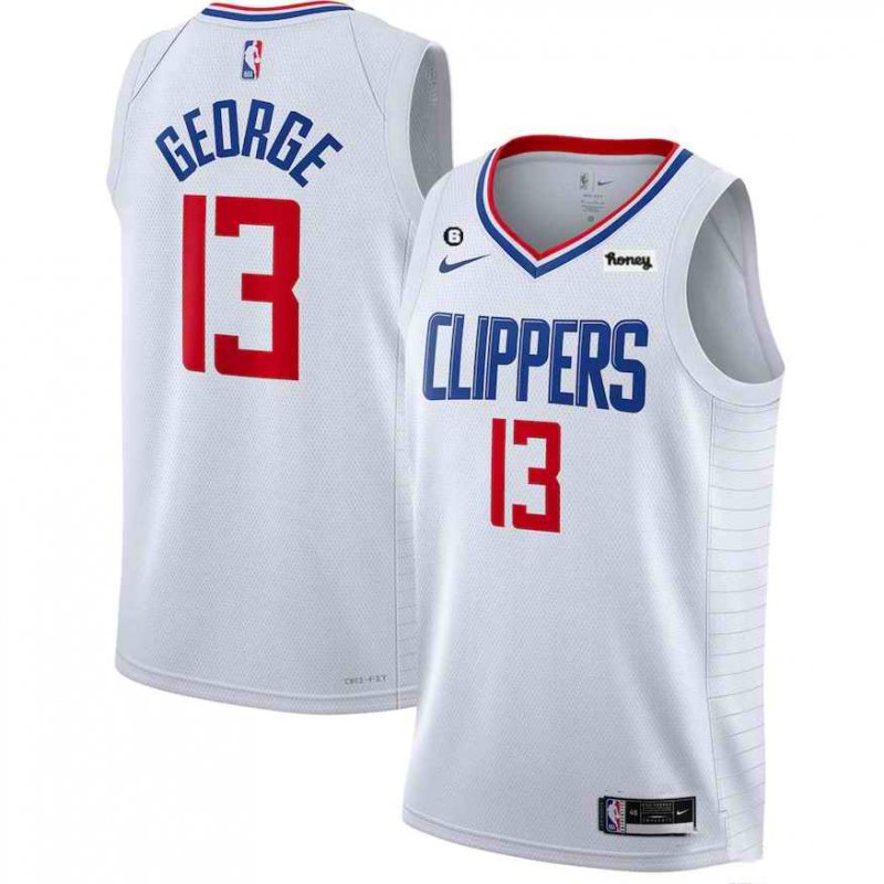 Men's Los Angeles Clippers #13 Paul George White With NO.6 Patch Stitched Jersey