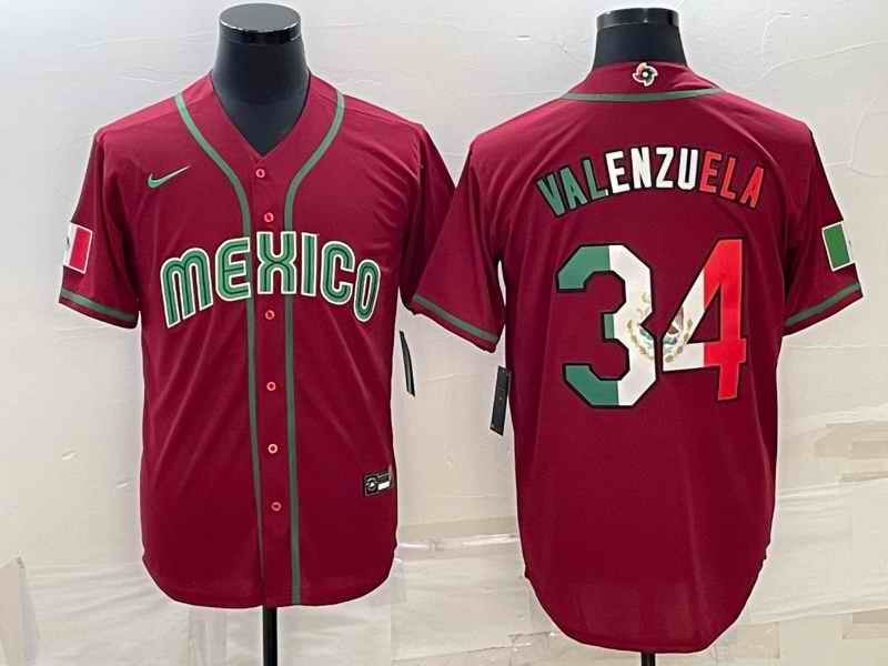 Men's Mexico Baseball #34 Fernando Valenzuela 2023 Red World Baseball Classic Stitched Jersey