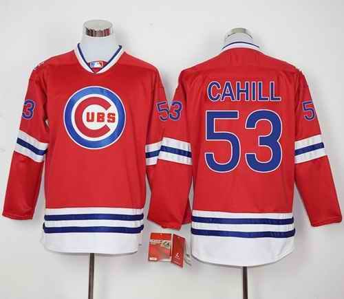 Cubs #53 Trevor Cahill Red Long Sleeve Stitched MLB Jersey