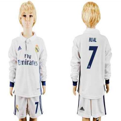 Real Madrid #7 Rual Home Long Sleeves Kid Soccer Club Jersey