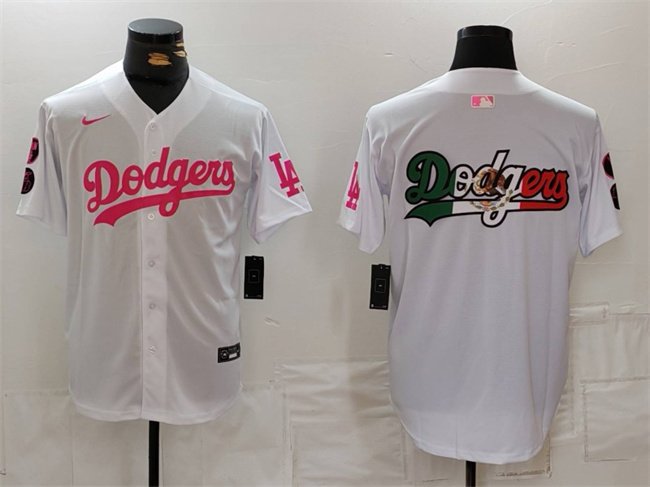 Men's Los Angeles Dodgers Team Big Logo White/Pink Vin & Kobe Patch Stitched Baseball Jersey