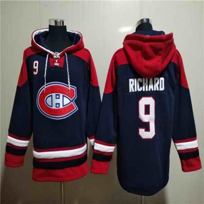 Men's Montreal Canadiens #9 Maurice Richard Navy/Red  Lace-Up Pullover Hoodie