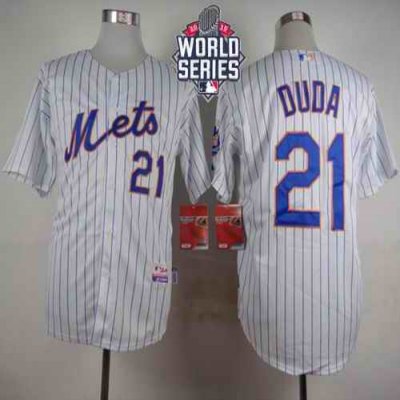 Mets #21 Lucas Duda White(Blue Strip) Home Cool Base W/2015 World Series Patch Stitched MLB Jersey