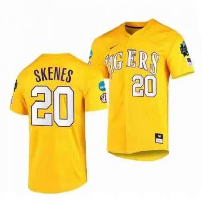 Men's LSU Tigers #20 Paul Skenes Gold 2023 College World Series Stitched Baseball Jersey