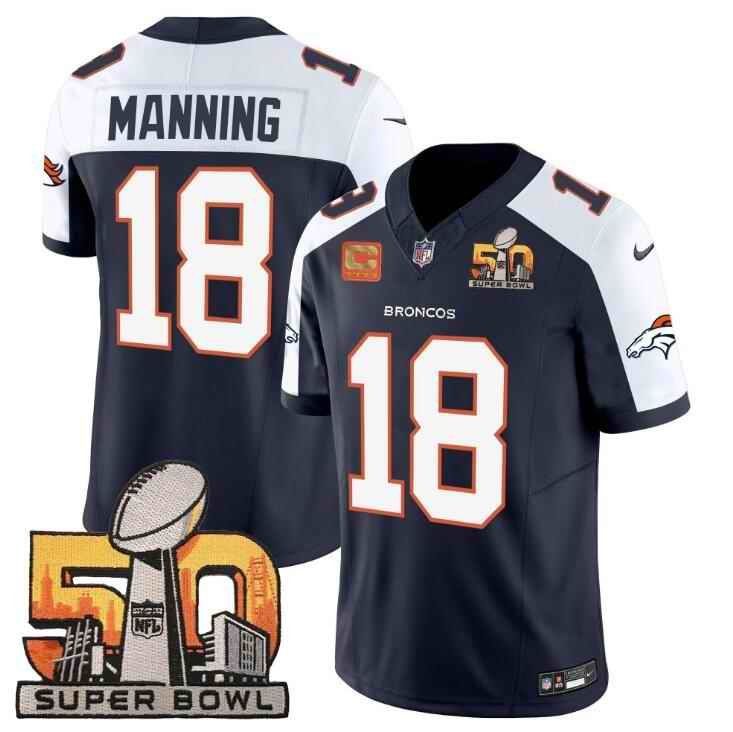 Men's Denver Broncos #18 Peyton Manning Navy/White 2024 F.U.S.E. With Super Bowl 50 Patch And 4-star C Patch Vapor Limited Stitched Football Jersey