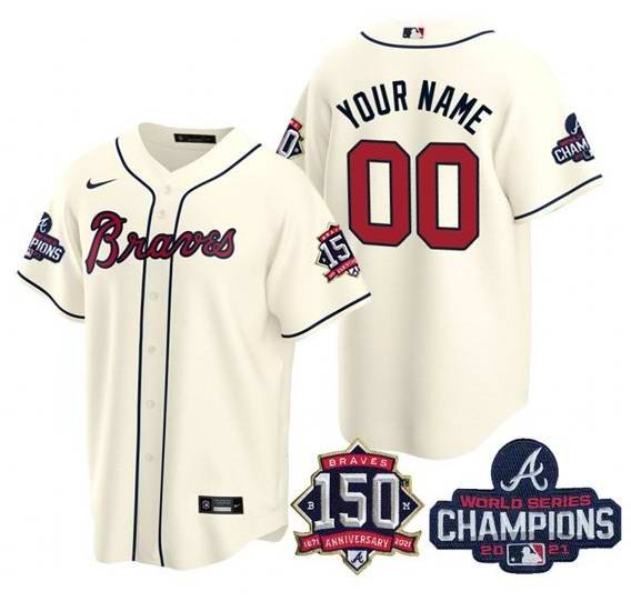 Men's Atlanta Braves Customized 2021 Cream World Series Champions With 150th Anniversary Cool Base Stitched Jersey