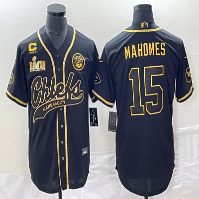 Men's Kansas City Chiefs #15 Patrick Mahomes Black Gold With 4-star C Patch And Super Bowl LVII Patch Cool Bae Stitched Baseball Jersey