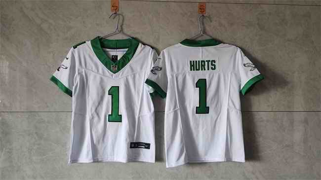 Women's Philadelphia Eagles #1 Jalen Hurts White/Green 2023 F.U.S.E Vapor Untouchable Limited Stitched Football Jersey(Run Small)