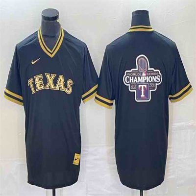 Men's Texas Rangers Black  2023 World Series Champions Big Logo Cool Base Stitched Baseball Jersey