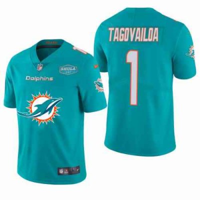 Men's Miami Dolphins #1 Tua Tagovailoa Aqua With 347 Shula Patch  2020 Team Big Logo With 347 Shula Patch Limited Stitched Jersey