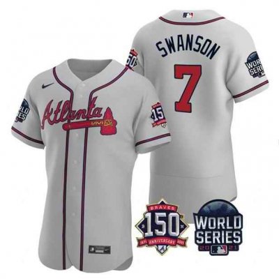 Men's Atlanta Braves #7 Dansby Swanson 2021 Gray World Series With 150th Anniversary Patch Stitched Baseball Jersey