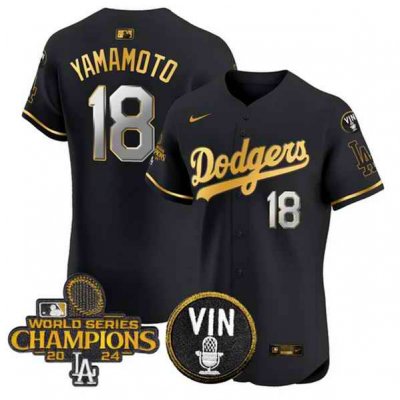 Men's Los Angeles Dodgers #18 Yoshinobu Yamamoto Black/Gold 2024 World Series Champions With Vin Patch Vapor Limited Stitched Baseball Jersey