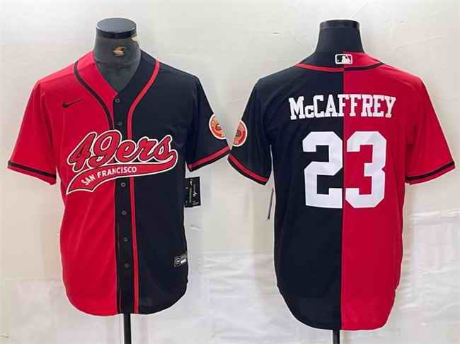 Men's San Francisco 49ers #23 Christian McCaffrey Red/Black Split With Patch Cool Base Stitched Baseball Jersey