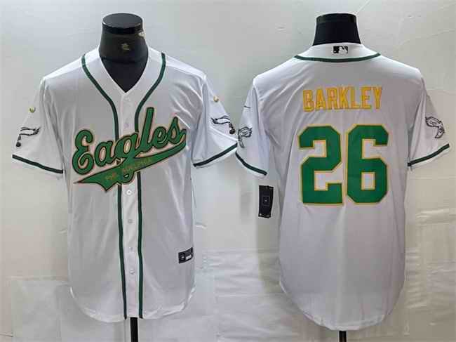 Men's Philadelphia Eagles #26 Saquon Barkley White/Gold Cool Base Stitched Baseball Jersey