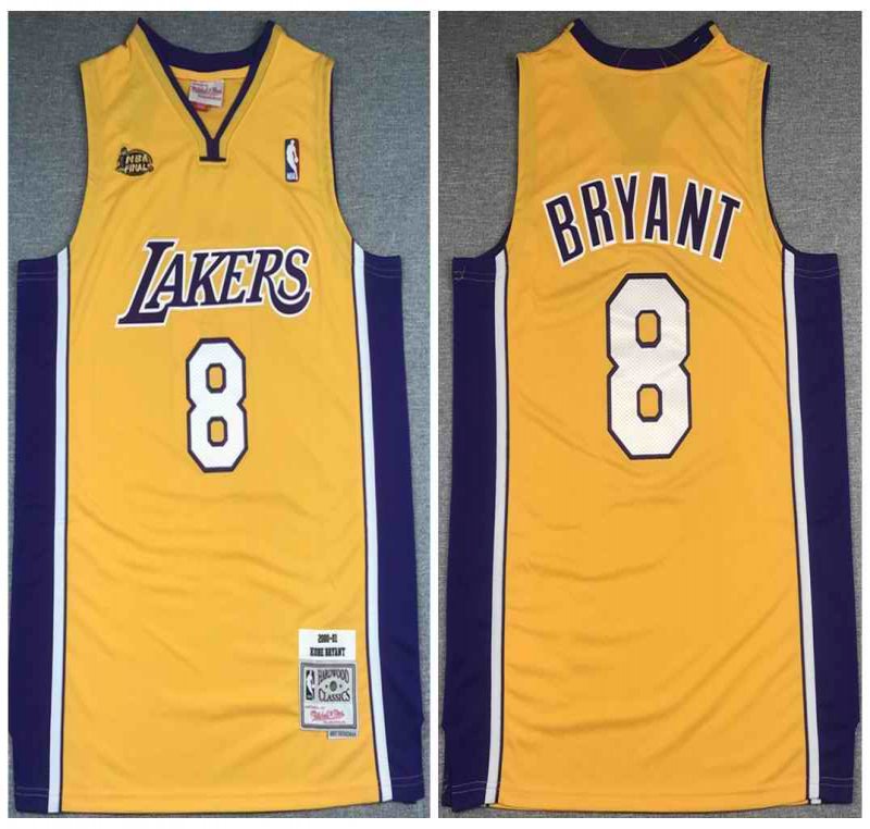 Men's Los Angeles Lakers #8 Kobe Bryant Gold NBA Final 2000-2001 Throwback Stitched Jersey